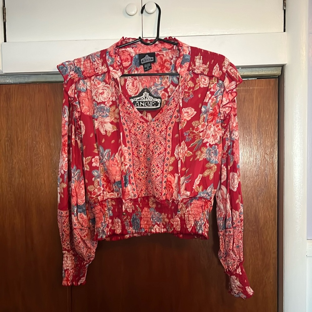 Angie Red Boho Long Sleeve Top size Small